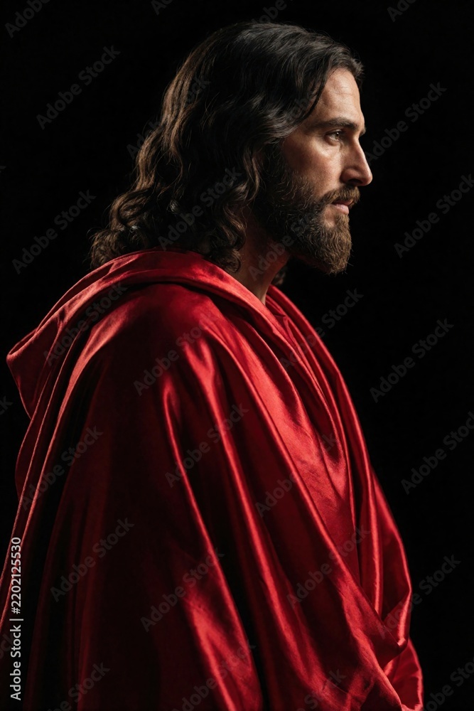 Fototapeta premium Portrait of Jesus Christ wearing bright red robe. Bearded man with long wavy hair looks aside against black background. Christian savior lord messiah representing divine king, holy spirit, religious