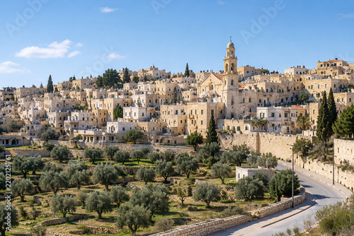 Bethlehem hillside with limestone houses, church bell tower and olive groves, winter light, quiet midday, travel and heritage concept