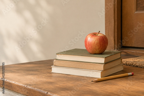 Apple on books with pencil on wooden doorstep, teacher appreciation and back to school education concept