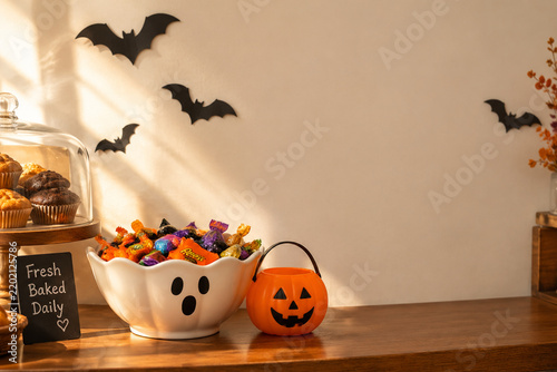 Candy bowl and pumpkin bucket with bat cutouts, Halloween treat and festive concept