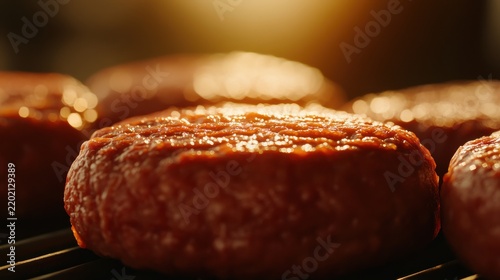 Close-up of raw beef burger patties sizzling on a grill under warm light.