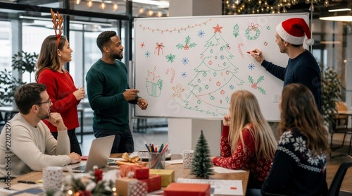 Colleagues Drawing Christmas Tree on Whiteboard at Office Party