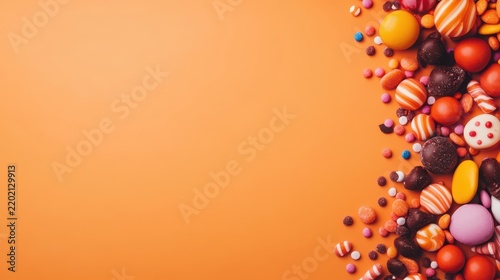 Colorful candies and chocolates are scattered on the right side against an orange background, with ample empty space on the left.