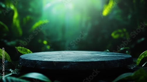 A round stone platform is nestled among lush green leaves in a misty, dimly lit forest with soft light filtering through the canopy.