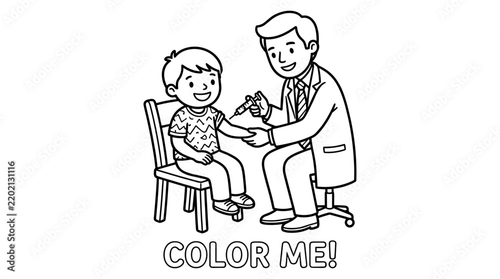 Fototapeta premium Doctor gives child patient injection in arm, cartoon illustration, medical care concept