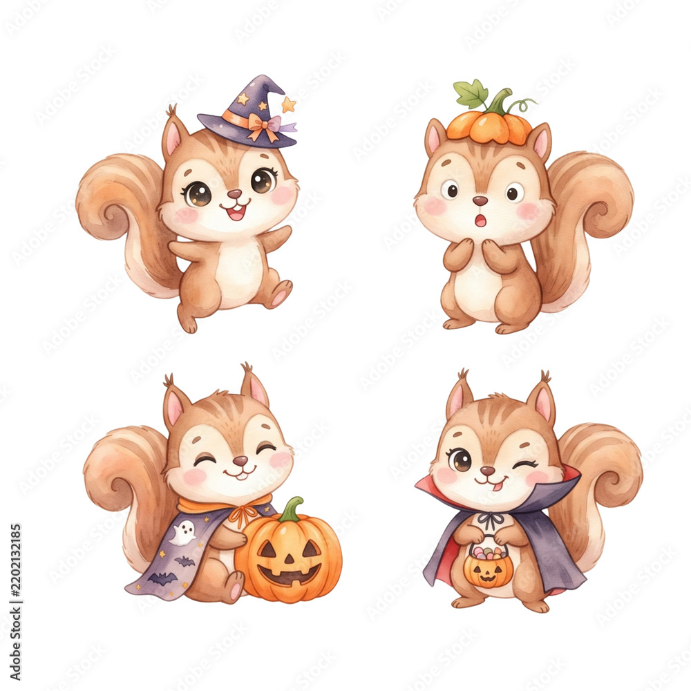 Obraz premium Cute Halloween squirrel character set with four different expressions and costumes, including witch, pumpkin, ghost, vampire, and jack-o'-lantern elements, watercolor cartoon illustration.
