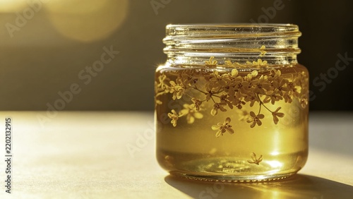 Pure honey with dried osmanthus flowers in transparent jar