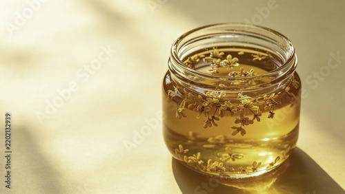 Pure honey with dried osmanthus flowers in transparent jar