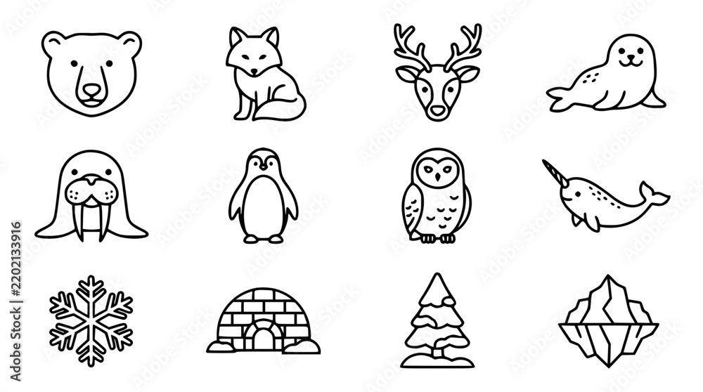 Fototapeta premium Arctic Animal Icons Set with Snowflake, Igloo, and Iceberg Illustrations