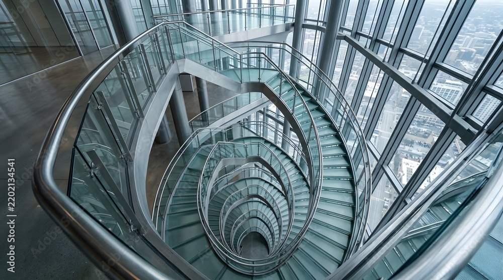 Obraz premium Modern spiral staircase in a highrise glass skyscraper office building