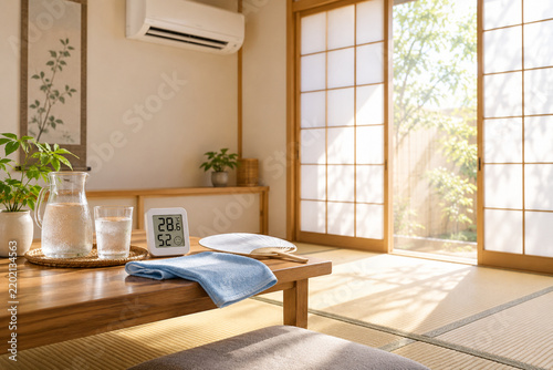 Summer Heat Protection in Japanese Tatami Room with Air Conditioner and Hydration