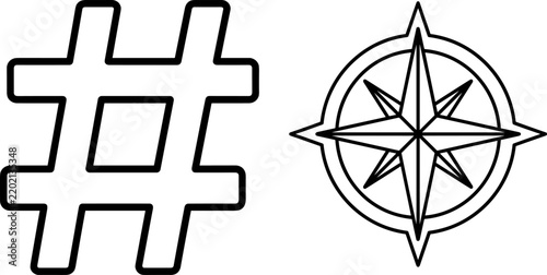Outline vector illustration of a hashtag symbol and a compass rose on a white background