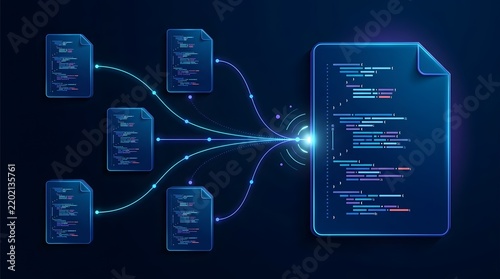 Fototapeta Network of Digital Programming Code Documents Linking to Central Script File for Software Integration