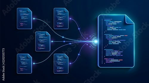 Plakat Glowing Source Code Files Connecting to Main Database Document Emphasizing Software Data Aggregation