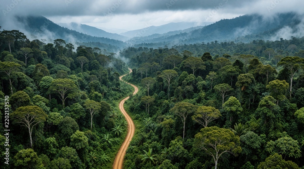 Fototapeta premium Aerial view of a winding dirt road through dense jungle. Misty mountains fade into the horizon under an overcast sky. Lush green forest canopy stretches far.
