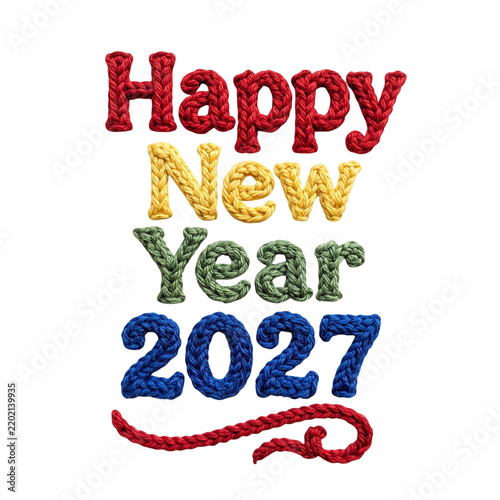 Knitted Happy New Year 2027 text with colorful yarn elements isolated on transparent background