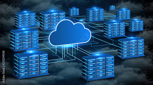 Multiple cloud server network with data center rack and digital connection hybrid cloud infrastructure cloud computing server data center network storage database technology digital connection