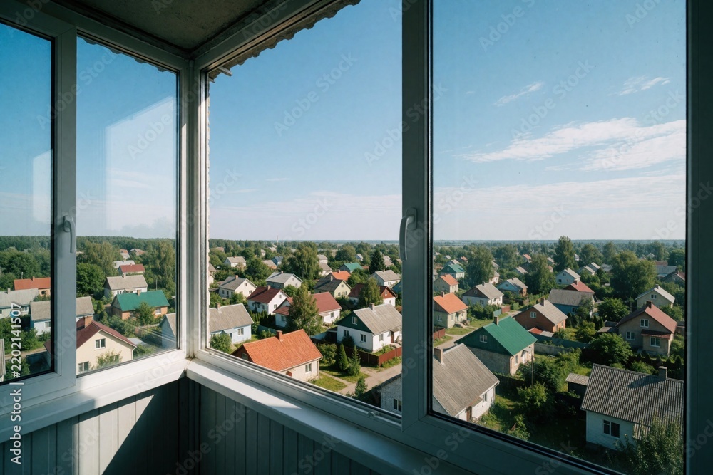 Fototapeta premium View from modern apartment balcony with large white windows. Residential area with small houses, green trees under clear blue sky. High floor terrace overlooks suburban neighborhood, peaceful town