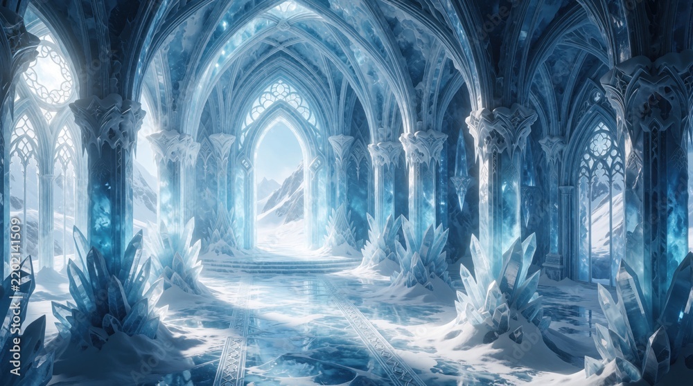 Obraz premium Majestic ice palace interior with glowing crystal formations and gothic arches. Snow covered landscape visible through large windows. Ethereal blue light illuminates a grand crystalline hall.