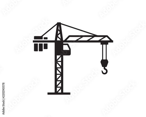 Construction tower crane icon for building and industrial development with building site lifting equipment construction