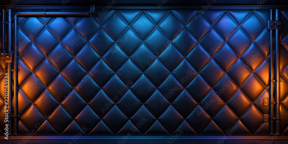 Fototapeta premium Quilted leather wall panel with blue and orange light, dark luxury texture in straight front view