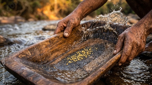 Close-up of a miner panning for gold in a river with a wooden pan