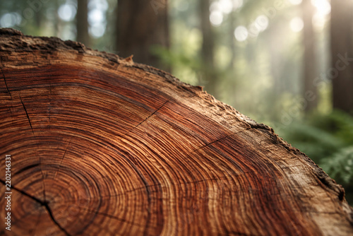 Ancient redwood tree rings in close-up, showing intricate patterns of time.