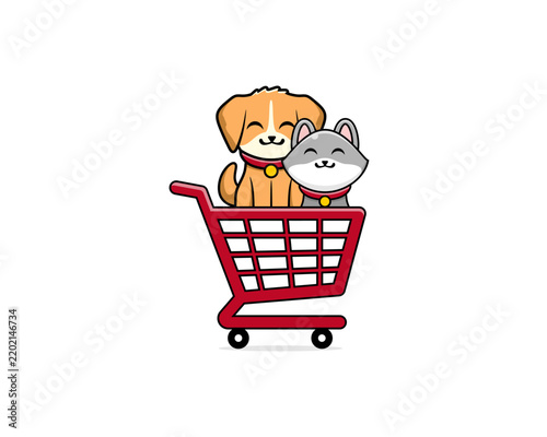 Cute pets dog and cat inside shopping cart vector logo