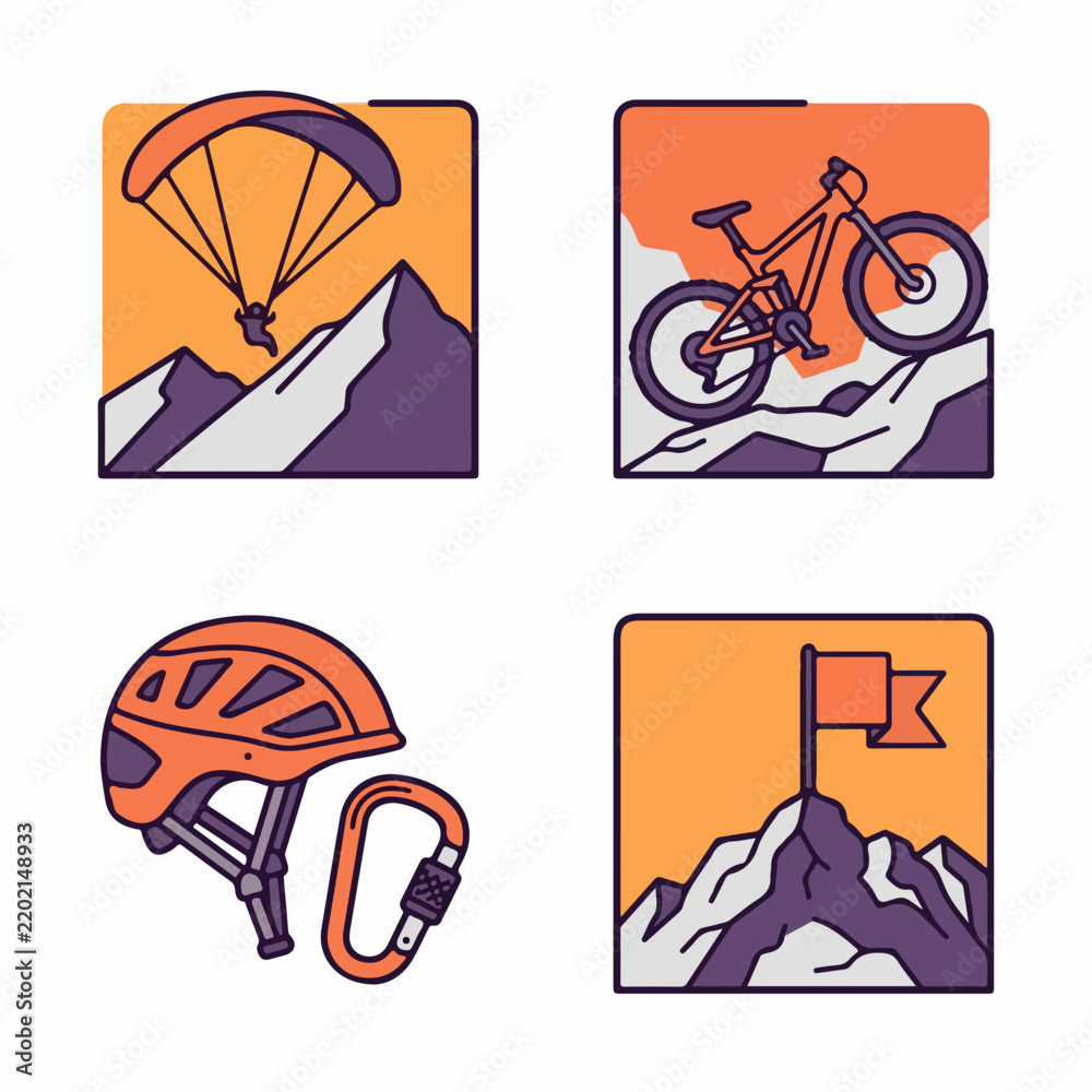 Obraz premium Adventure sports icons set with mountain and gear.