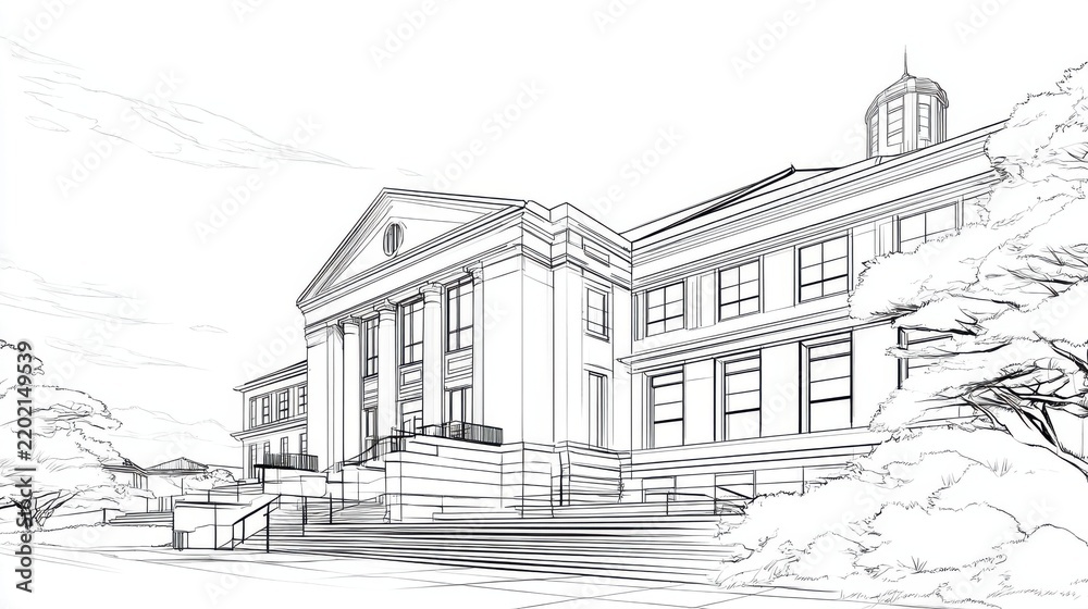 Obraz premium Detailed Line Art of Architectural Building with Steps and Trees