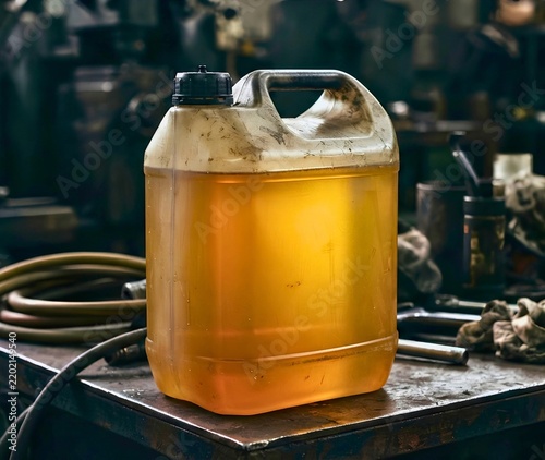 Plastic container with yellow liquid on a dark workshop table