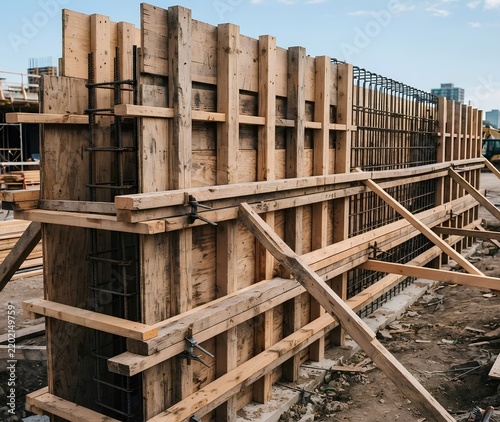 Wooden formwork structure for concrete wall on construction site