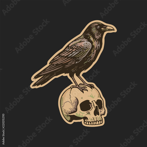 Halloween Raven Perched On Skull Gothic Dark Bird T Shirt Vector Design
