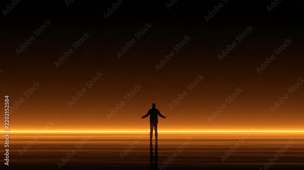 Obraz premium A figure stands alone in a vast amber space, symbolizing freedom from obligations, debt, and constraints. The background fades into darkness.