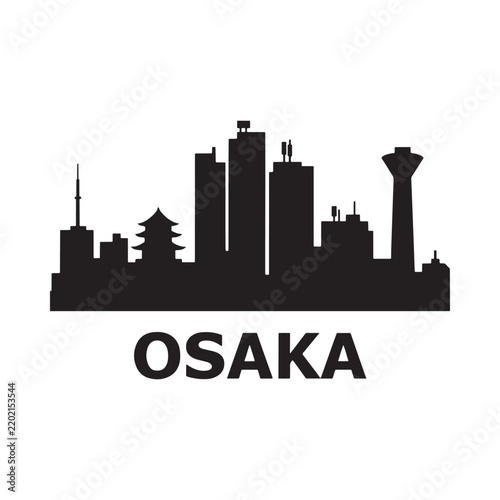 Osaka skyline silhouette against a white background with city name typography
