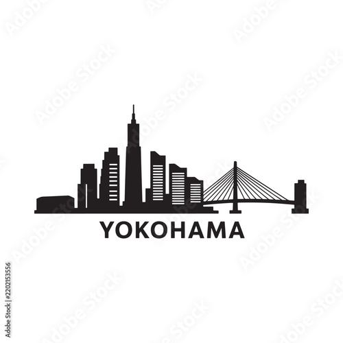 Yokohama city skyline silhouette against a white background