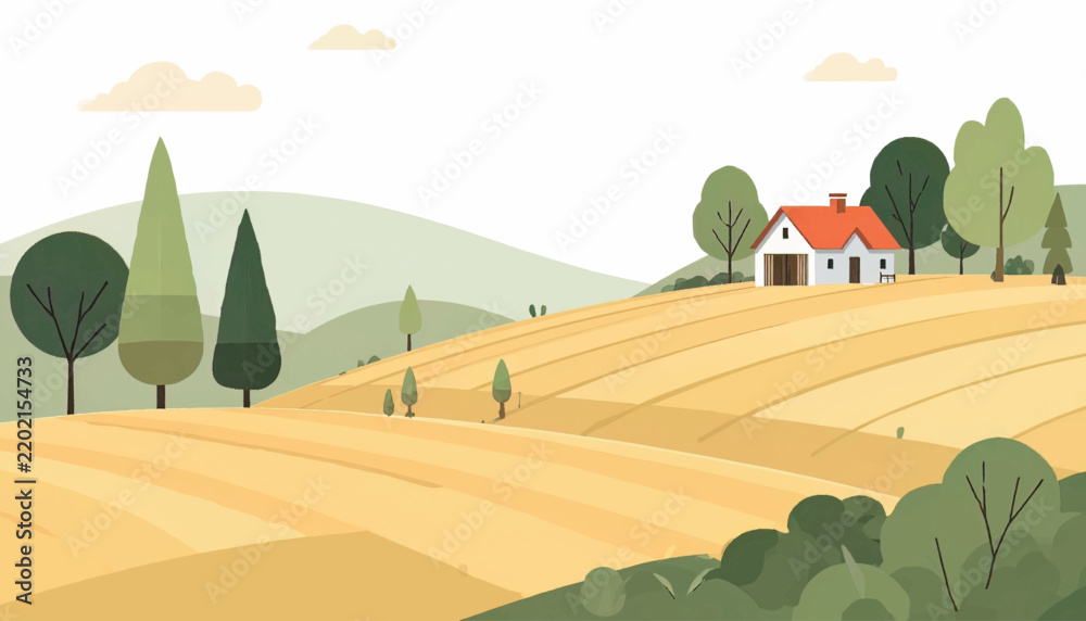Obraz premium Beautiful rural countryside illustration featuring golden farmland, trees and a small house. Suitable for agriculture, farming, village lifestyle, nature tourism, and peaceful living concepts.