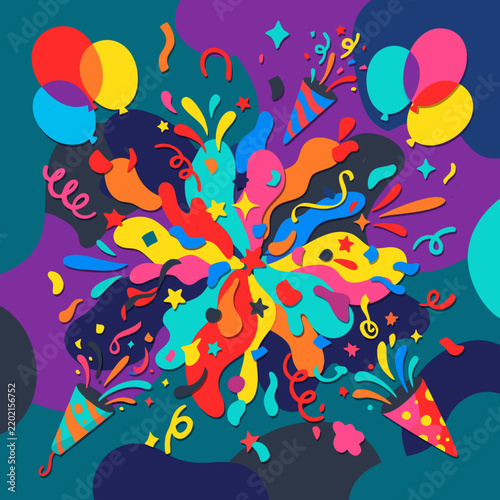 Colorful party confetti explosion vector illustration with balloons, party poppers, and streamers for holiday celebration.