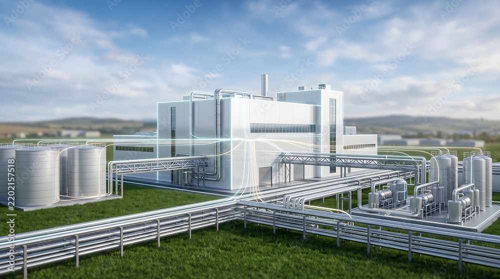 Fototapeta premium Industrial factory complex with storage tanks and pipeline network featuring digital energy flow visualization for sustainable manufacturing and smart plant infrastructure