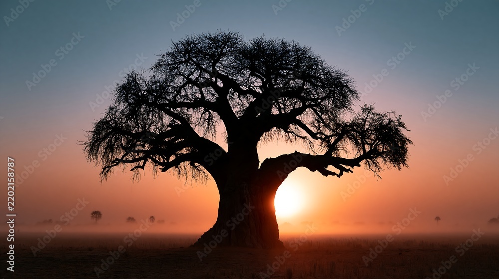 Obraz premium Ancient Baobab Tree Silhouette in Misty African Sunrise