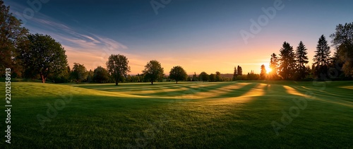 Sunlit Golf Fairway With Striped Grass and Trees at Golden Hour