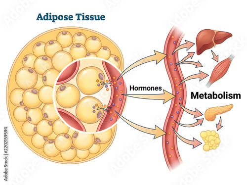 Adipose Tissue Endocrine Function Medical Infographic Showing Adipokine Hormone Secretion and Organ Metabolism Isolated on White