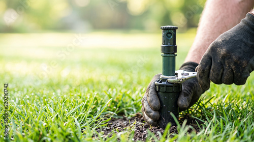 Gloved hands adjusting a green garden sprinkler head with a wrench in a vibrant green lawn