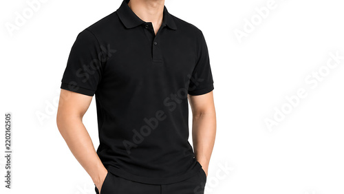 Close-up of a man wearing a plain black polo shirt against a clean white background for apparel mockup.