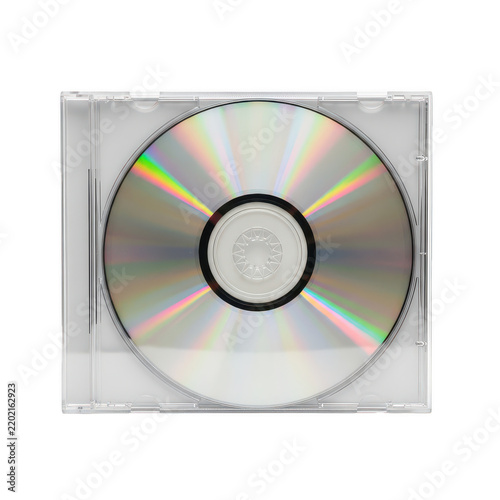 Shiny compact disc in a clear plastic jewel case isolated on transparent background