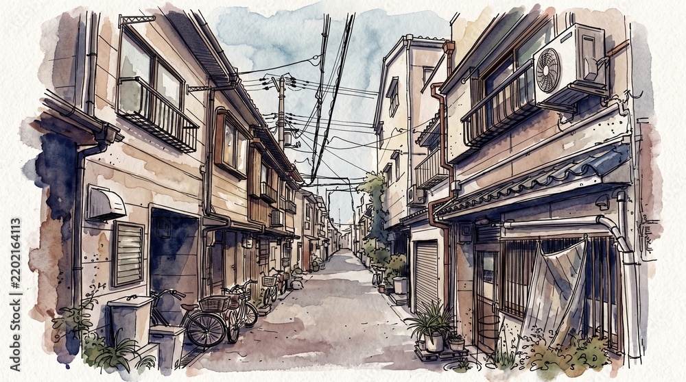 Fototapeta premium Watercolor illustration of a nostalgic narrow residential alleyway in Japan with old houses and power lines