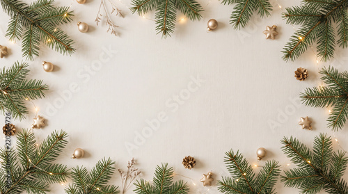 Christmas flat lay frame with green fir tree branches, golden ornaments, pine cones, and warm fairy lights on neutral background with copy space