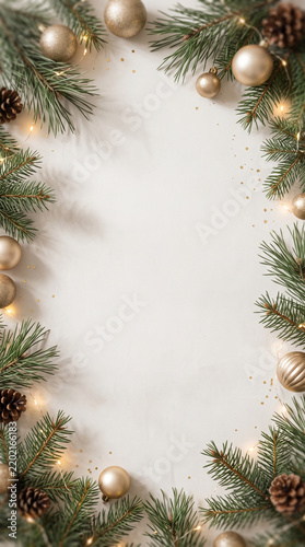 Christmas and New Year background frame with pine branches, golden baubles, pinecones, and copy space