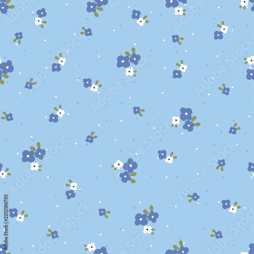 Seamless pattern with cute tiny blue and white flowers on light blue background. Ditsy floral vector illustration for spring summer fabric print, wrapping paper, textile, wallpaper and baby clothing.