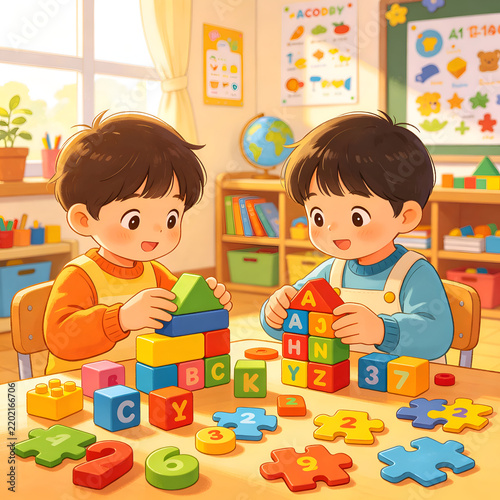 Children Learning with Building Blocks and Alphabet Toys in Classroom